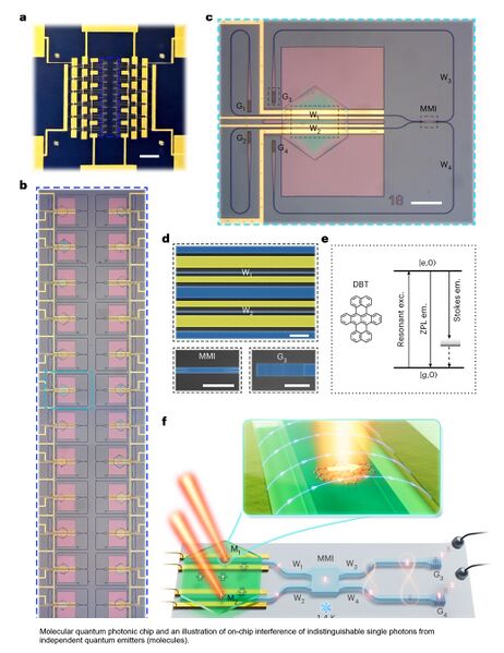 File:Molecular quantum photonic chip and an illustration of on-chip interference of indistinguishable single photons from independent quantum emitters (molecules).jpg